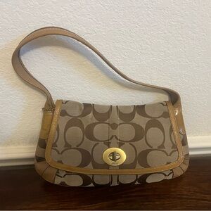 Coach Signature Canvas Shoulder Bag in Brown and Tan with Turnlock